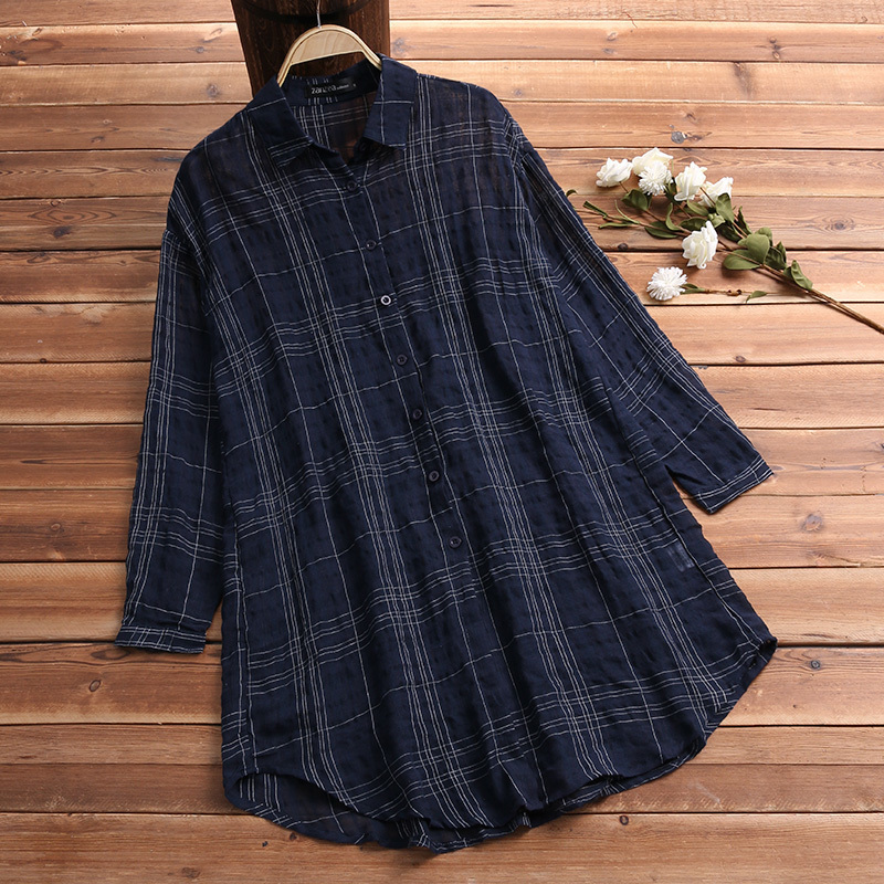 ZANZEA Autumn Button Down Linen Top Women Plaid Blouse Female Lapel Casual Long Sleeve Shirt Women Work Blusas Plus Size T200322