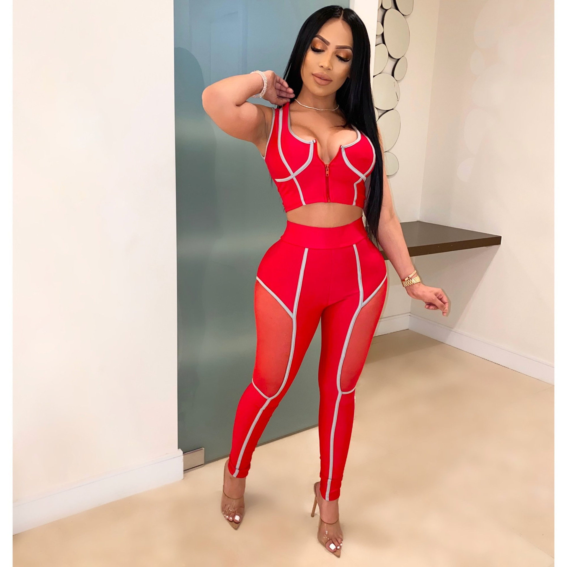 New popular Women's Tracksuits fashion leisure tight sports Yoga splicing mesh suit, Red
New popular Women's Tracksuits fashion leisure tight sports Yoga splicing mesh suit, Red