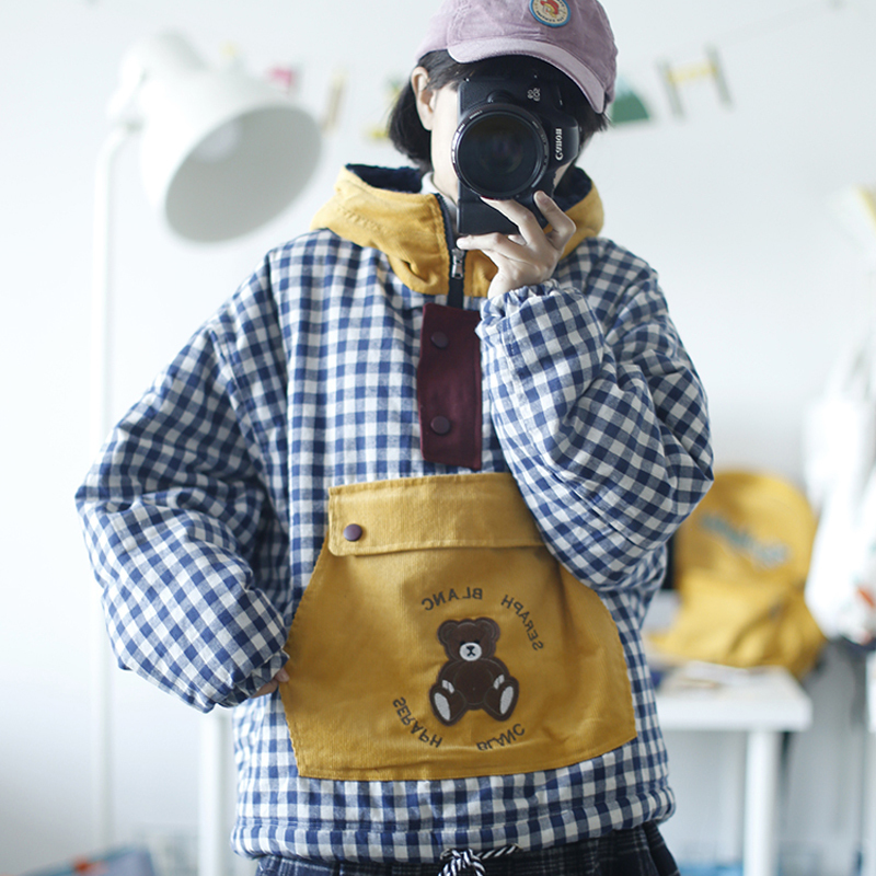 Women Winter Thick Parkas Coats Warm Cotton Padded Coat Velvet Lamb Jacket Hooded Outwear Cute Bear Plaid Girl Loose Overcoats 201019