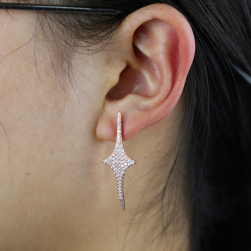 2021 Classic Starbrust Bling Cz Charm Rose Gold Color Studs Earrings for Women Engagement Jewelry Christmas Gift Wholesale