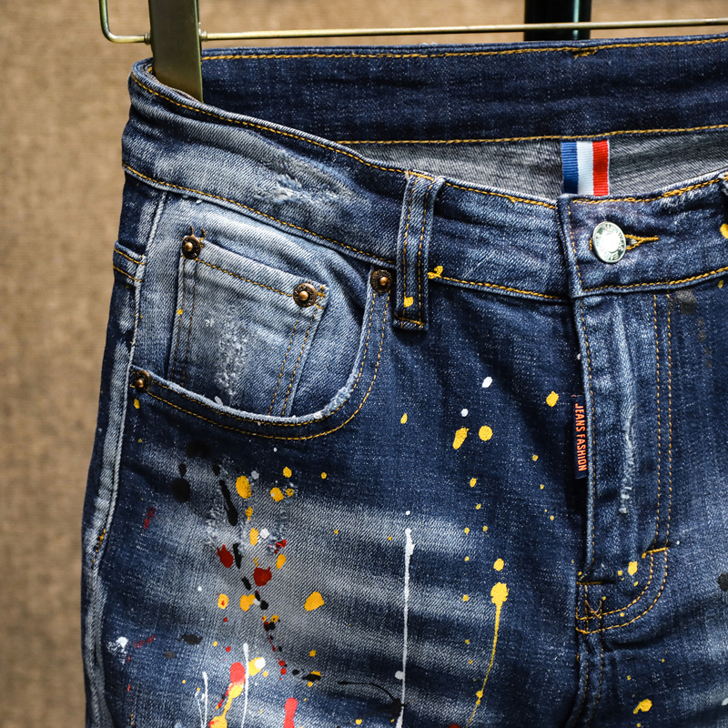 New skinny jeans men ripped jeans for men elastic paint slim pants men clothes hip hop streetwear Spring Autumn blue 201123