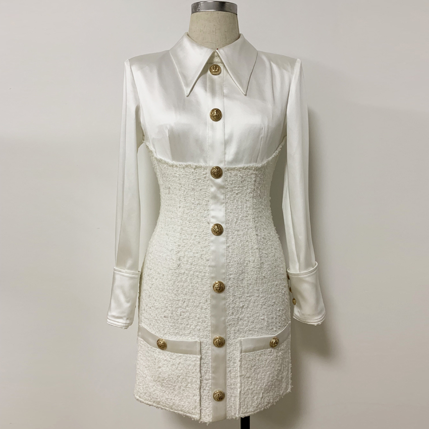 HIGH STREET New Stylish ner Dress Women's Long Sleeve Satin Tweed Patchwork Lion Buttons Dress 201125