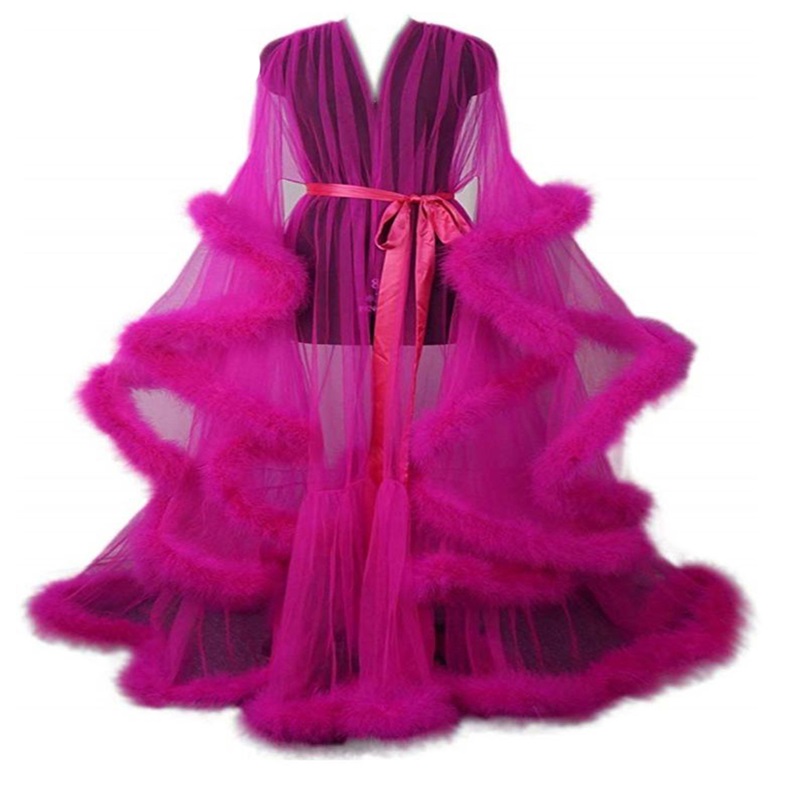 Real Image Wedding Bathrobe Long Sleeves Feather Sleep Wear Custom Made Pajamas Sexy Illusion Tulle Wedding Robe Nightgown