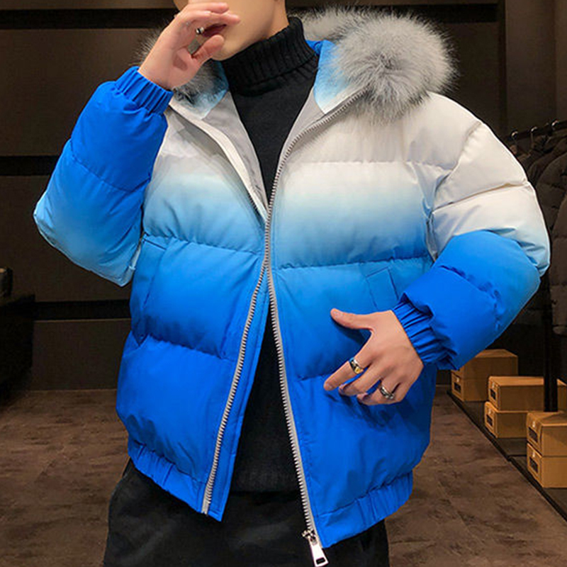 Winter Casual Parka Men Coat With Big Fur Collar Gradient Color Outwear Waterproof Thicken Warm Gradual hooded Outwear Jacket 201127