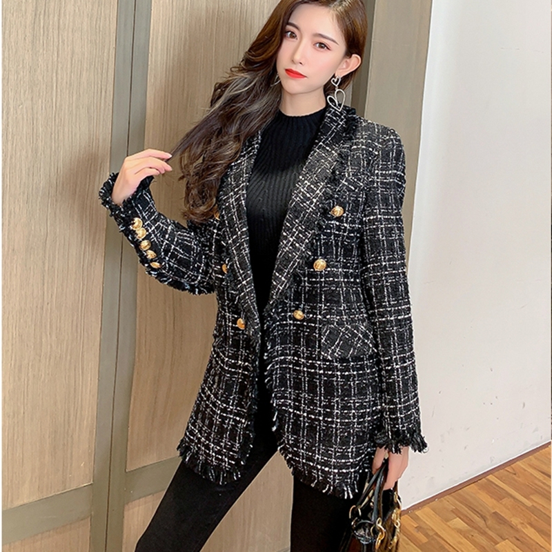 Autumn Winter Women Tassel Tweed Coat Metal Gold Double Breasted Long Sleeve Jacket Casaco Feminino B4