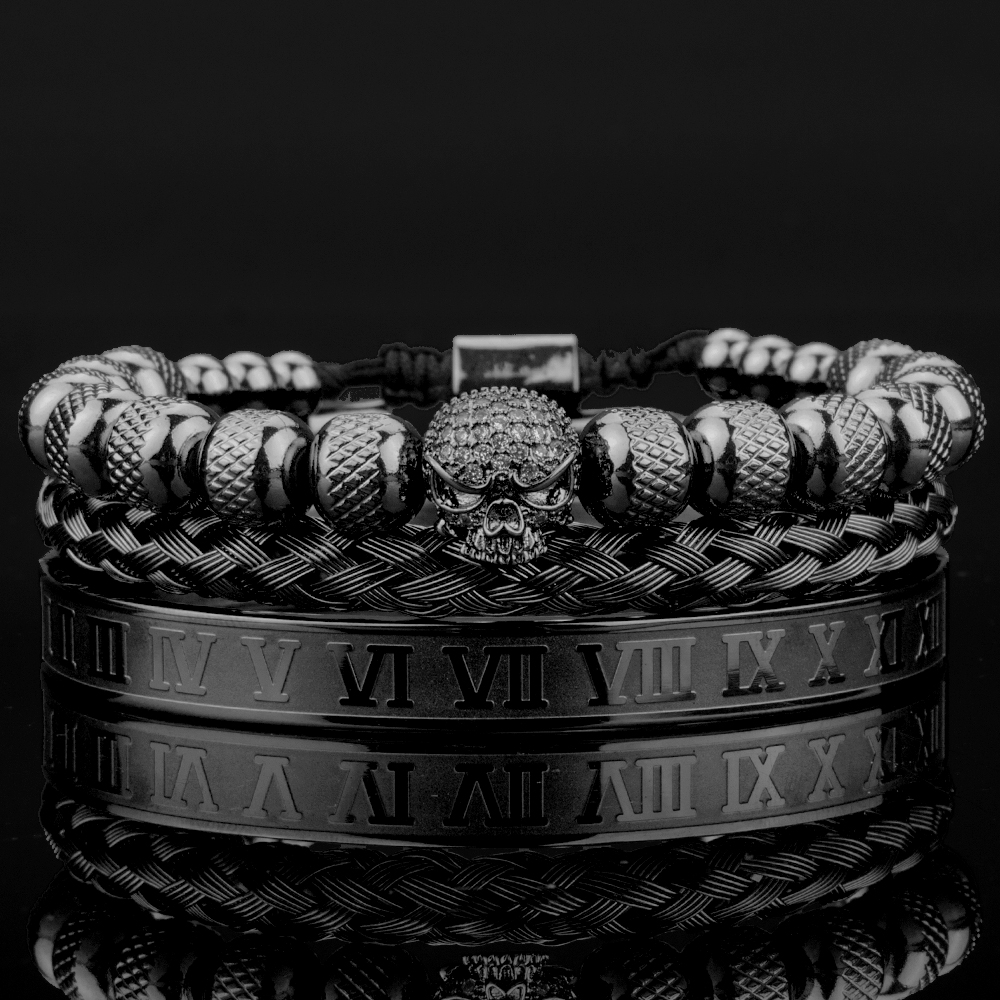 3pcs Luxury Roman Royal Skull Charm Men Stainless Steel Geometry Pulseiras Open Adjustable Bracelets Couple Jewelry