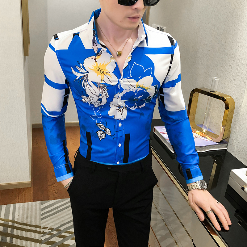 High Quality Floral Shirts for Men Clothing Korean Slim Fit Men Casual Shirts Long Sleeve Streetwear/Night Club/Prom Tuxedo 201120