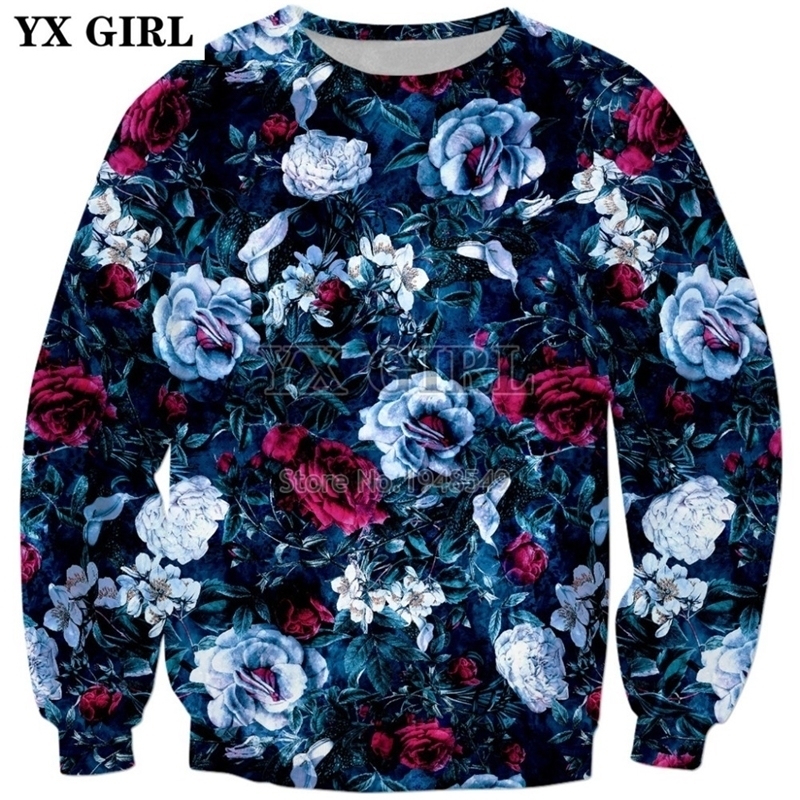 New Fashion Mens Sweatshirt flowers Night Garden Blue Print 3D Hoodie Men Women Hipster Sweatshirt 201020