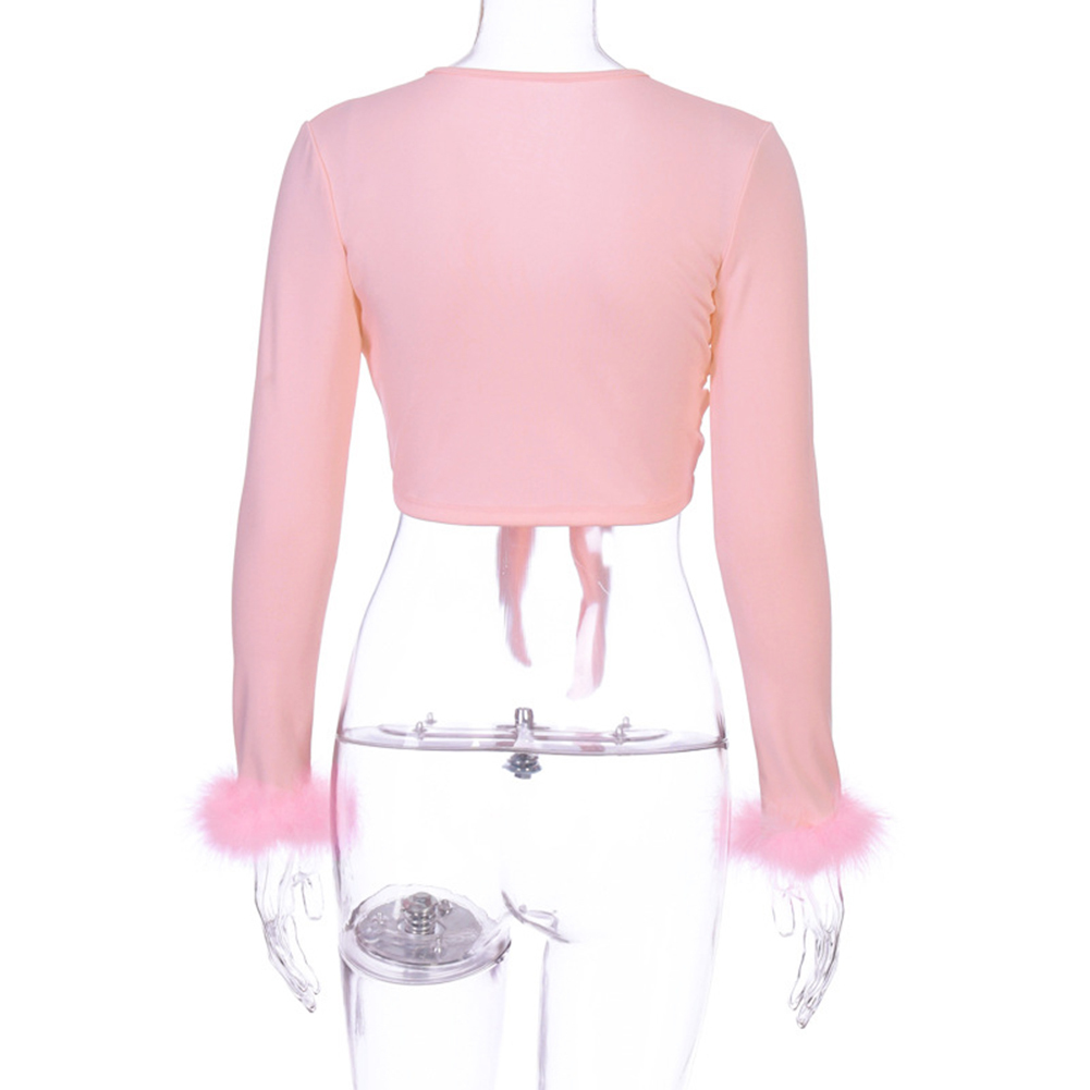 Women Long Sleeve Fur V-neck Wrapped Bandage Sexy Crop Tops Autumn Winter Women Streetwear Club Party Outfits T shirts 201028