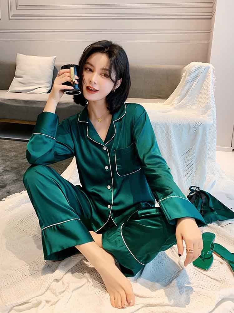 liiundr Ginger Long Sleeve Pajamas Women Sleevewear Summer Autumn Silk 2 Piece Set Women Nightwear Suit Home Wear Pijamas 1583 T200429