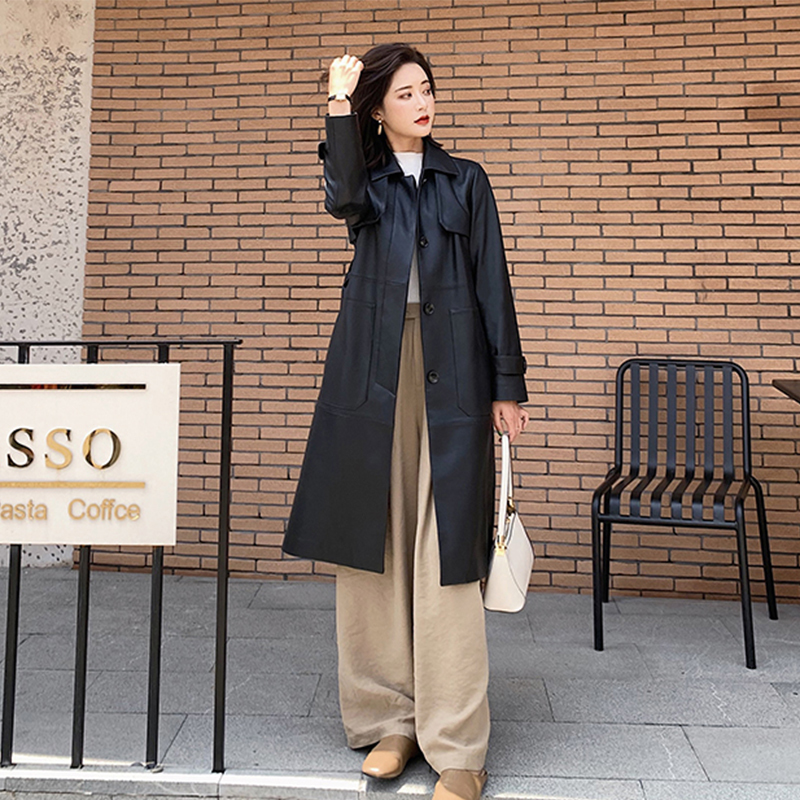 Nerazzurri black long leather trench coat women with belt turn down collar spring faux leather coat leather clothes for women 210201