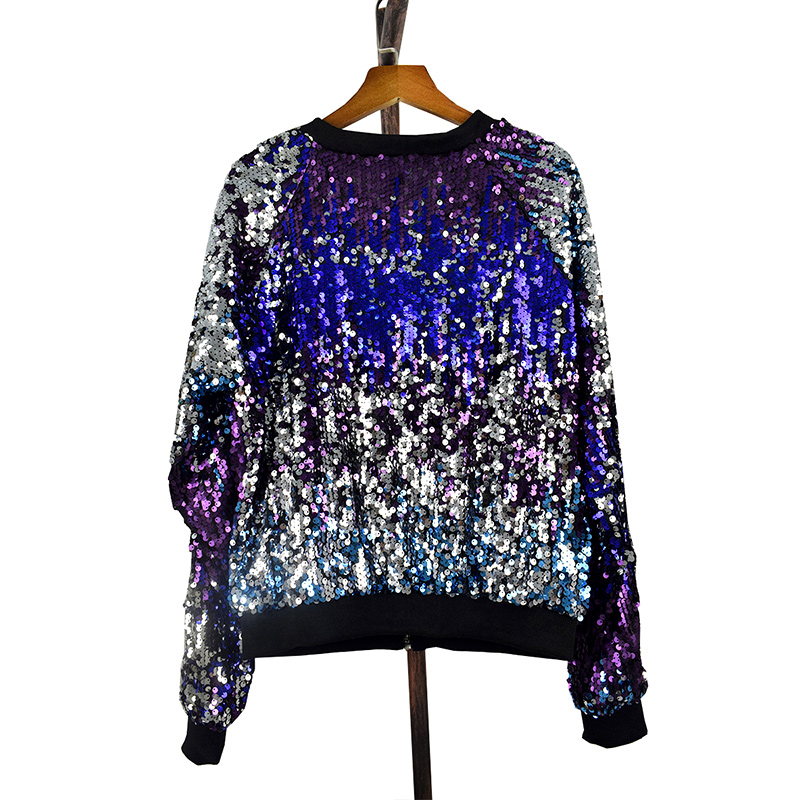 Ladies Autumn Sequin Bomber Jacket Casual Long Sleeve Front Zip Up Casual Coat with Ribbed Cuffs Party Festival Costumes 201017