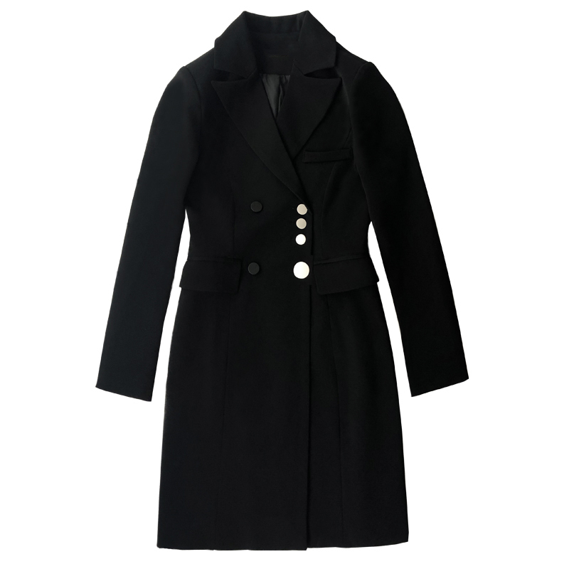 EAM Women Black Button Stitch Long Blazer Lapel Sleeve Loose Fit Jacket Fashion Spring Autumn 1W524 201114