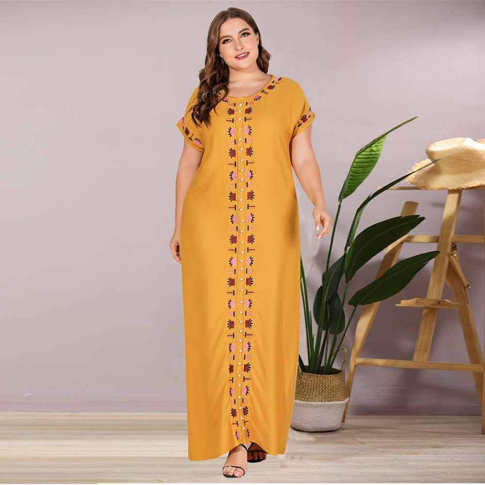 Siskakia Plus Size Women Maxi Long Dress Fashion Loose Casual Embroidered Beaded O Neck Short Sleeve Arabian Dresses Summer T200619