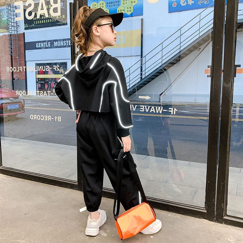 Kids Girls Sets Black hoodie Sweatshirts Reflective strip Sweatpant 2pcs Suits Harem Pants Sports Outfits Hip hop Tracksuit 2020X1019
