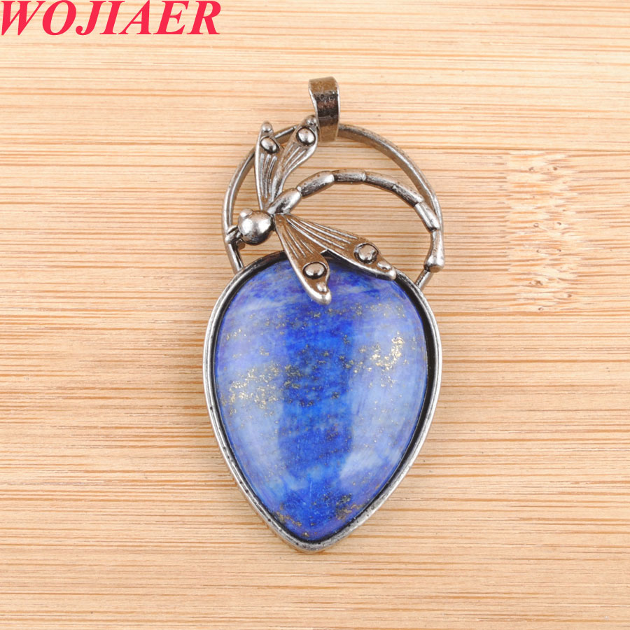 WOJIAER Antique Silver Color Pendant Water Drop Natural Stones Bead Dragonfly Dangle Women Men Charms Jewelry DBO906