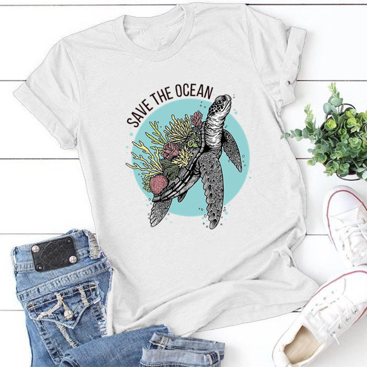 SAVE THE OCEAN Letter Sea Turtle Growing Coral Print T shirt Women Cute Graphic Tshirts Causal Harajuku Vintage Ladies T-shirt