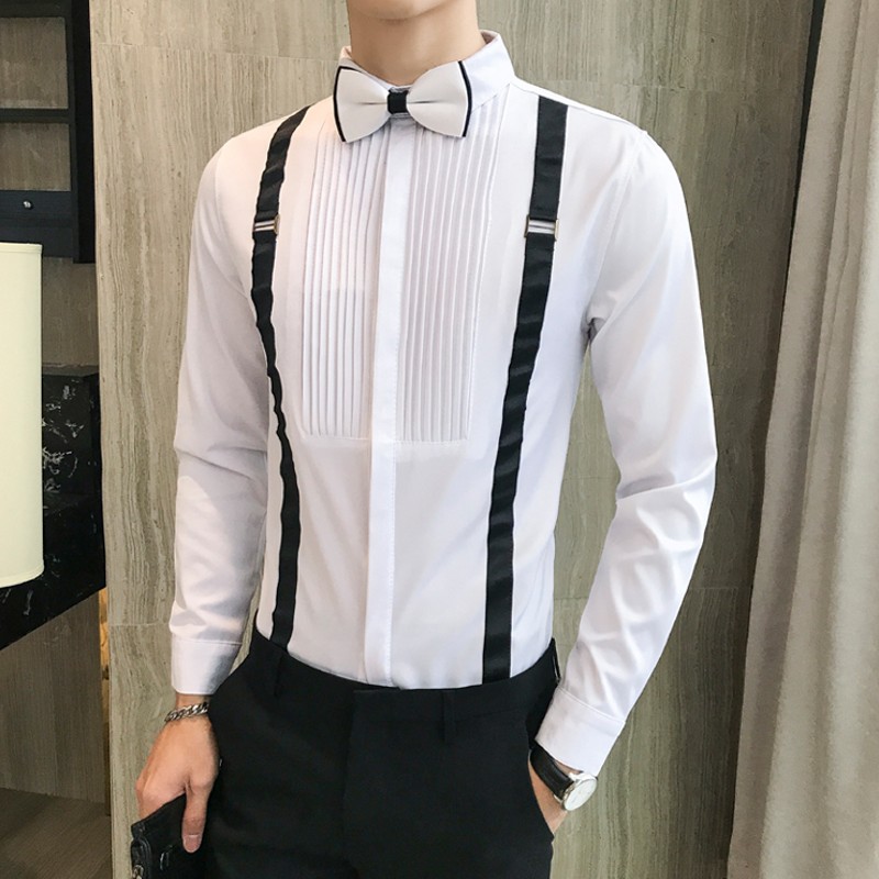 Men's Tuxedo Shirt and Bow-tie Chest Pleated Strap Long Sleeve Slim Fit Prom Dress Blouse Black Red White Man Wedding Social Tops