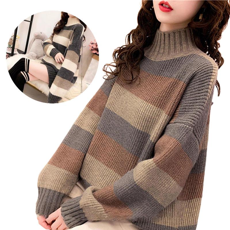 

Autumn Winter Women Fashion Sweater Long Sleeve Mock Neck Color Block Sweater Autumn Winter Knitwear Warm Clothes For Female, Apricot