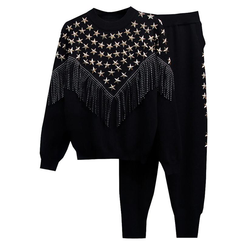 Knitted 2 Peice Set Women Long Sleeve Beading Sweater Female tops+pants Suit Casual Tracksuit Outfits 2020 Winter, Black
Knitted 2 Peice Set Women Long Sleeve Beading Sweater Female tops+pants Suit Casual Tracksuit Outfits 2020 Winter, Black