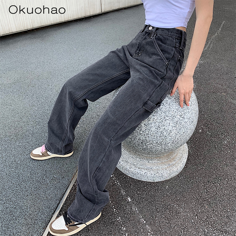 Street High Waist Straight Jeans Women Were Thin And Loose Casual Wide Leg Pants Fashion Boyfriend Style Denim Girlfriend Pants 201029