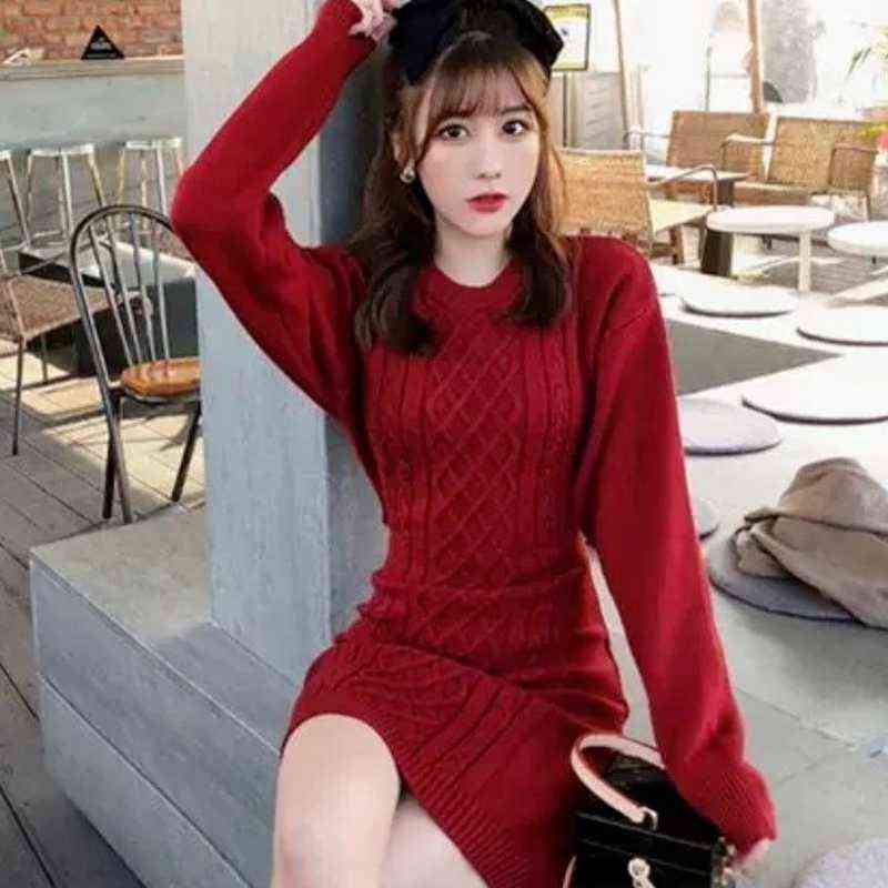 Autumn Sexy Slim Open Waist Pullover O Neck Twist Knitted Dres Mini Wild Long Sleeve Sweaters Vestido De Mujer Casual 211221