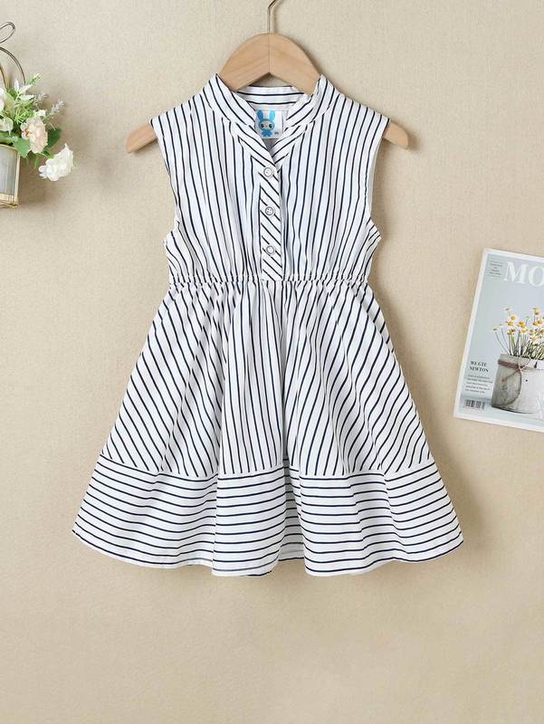 Girls Half Button Striped A-line Dress SHE