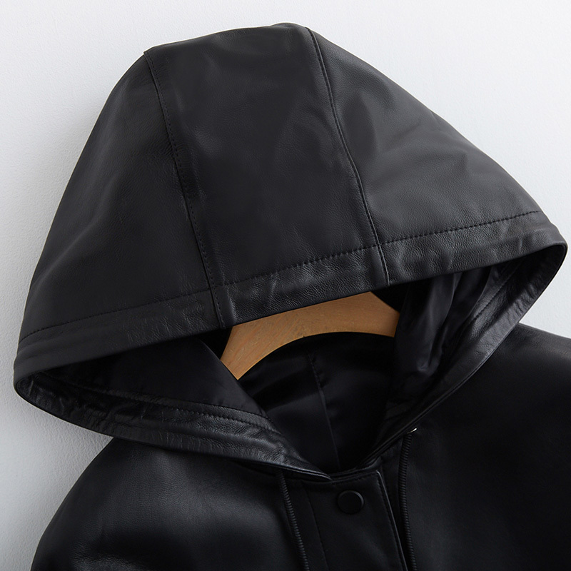 Lautaro Black long leather trench coat women with hood long sleeve belt 6xl 7xl plus size women spring autumn pu leather jacket 201226