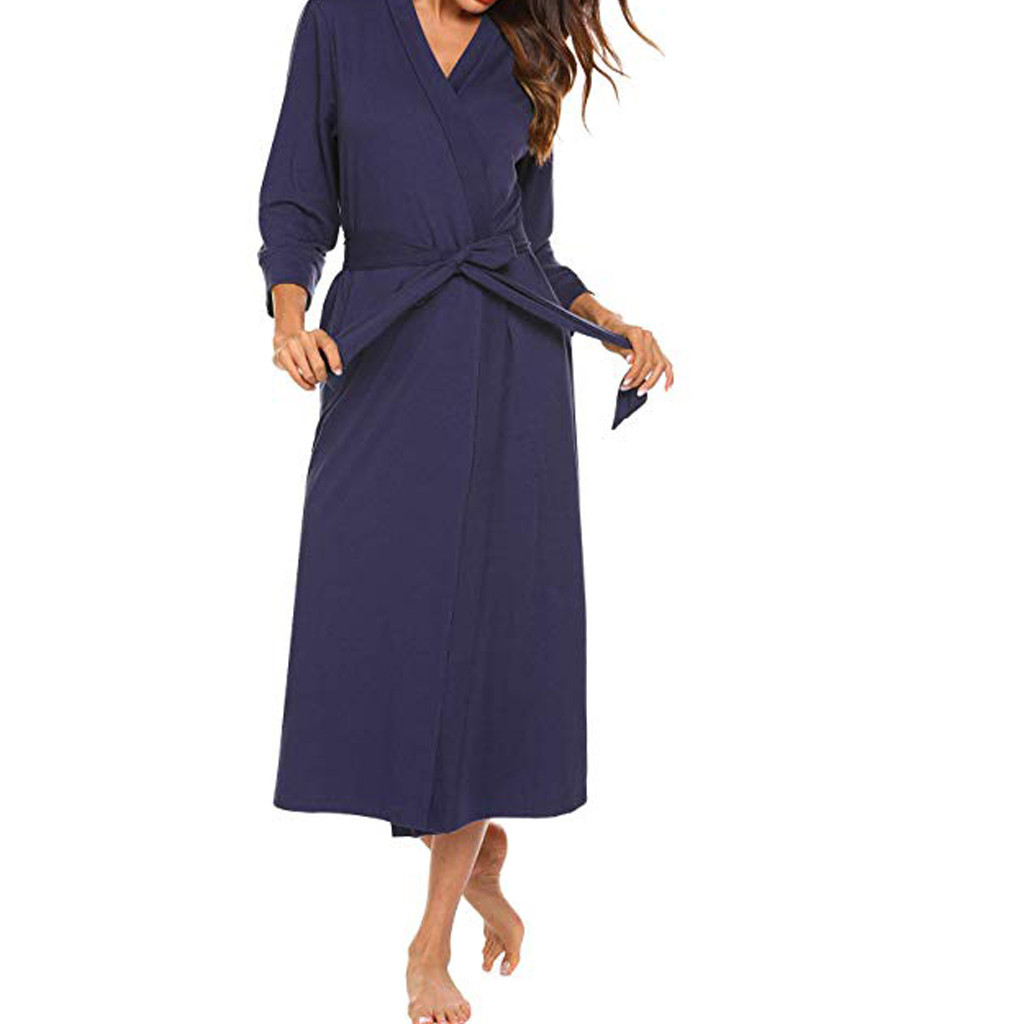 Women Sleep Robes Nighties Long Sleeve Solid Kimono Robe Nightgown Spa Bathrobe Sleepwear Dressing Gown Female Homewear 210203