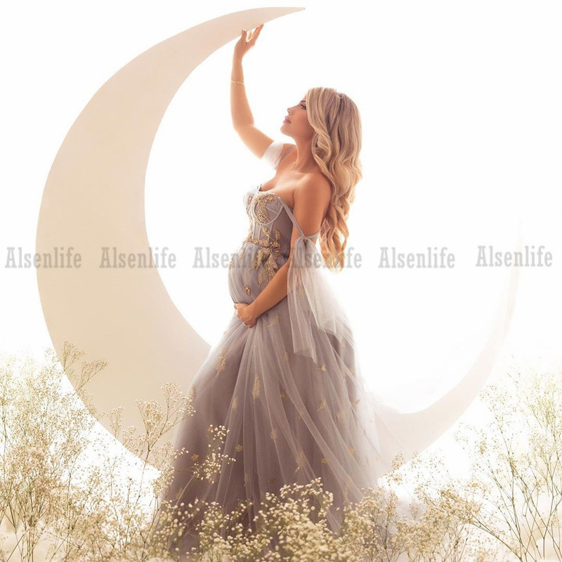Cheap Light Gray Pregnant Prom Dress Soft Tulle Off the Shoulder A Line Evening Party Gowns robe de soiree