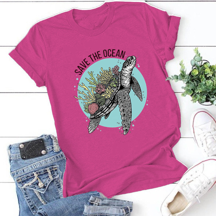 SAVE THE OCEAN Letter Sea Turtle Growing Coral Print T shirt Women Cute Graphic Tshirts Causal Harajuku Vintage Ladies T-shirt