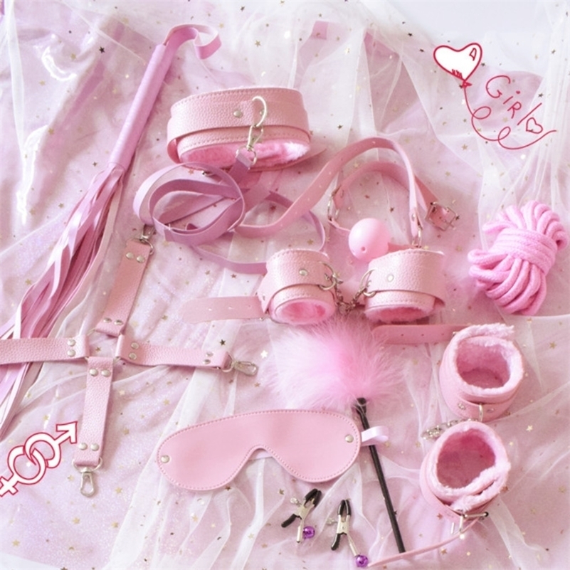 10pcs Sexy Lingerie Exotic Accessories Adjustable PU Leather BDSM Bondage Set Handcuffs Whip Rope Sex Toys for Couples Y200616