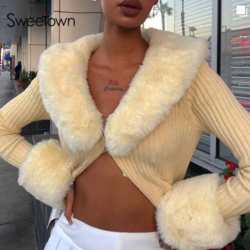 Sweetown Ribbed Knitted Ladies Cardigans Sweaters With Fur Trim Collar Long Sleeve Slim Autumn Winter Jumpers Women Knitwear Y2K 201119