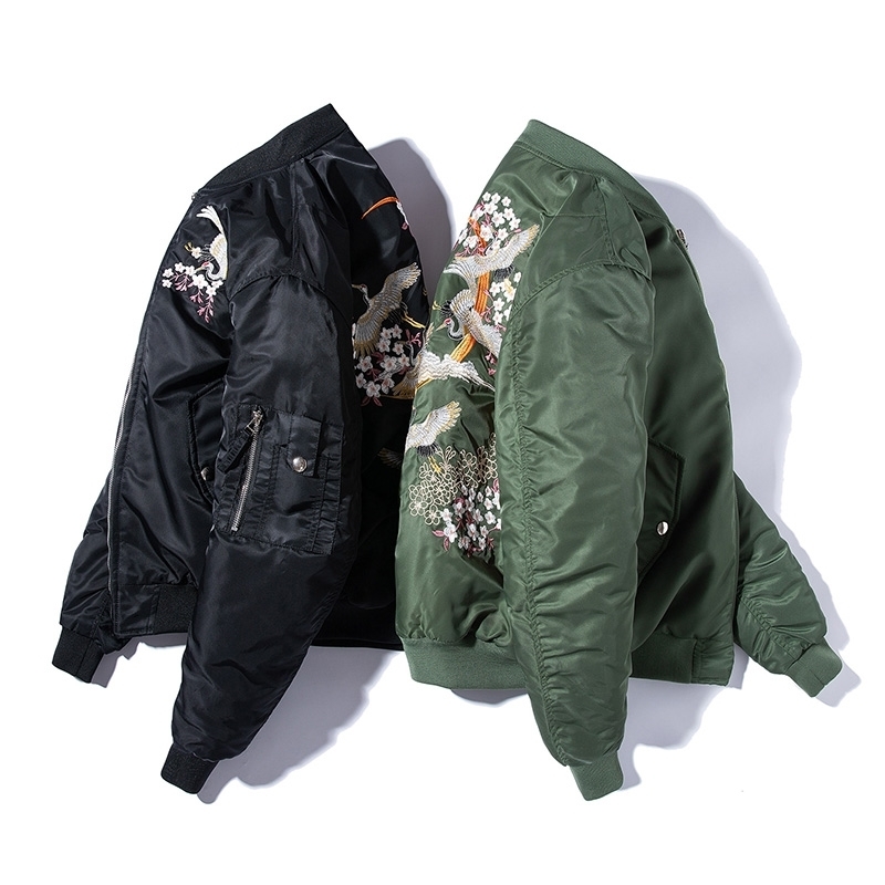 Embroidery Bomber Jacket Men Thin Bird Floral Pilot Jacket Male Japan Harajuku Baseball Jacket Spring Autumn Streetwear 201127