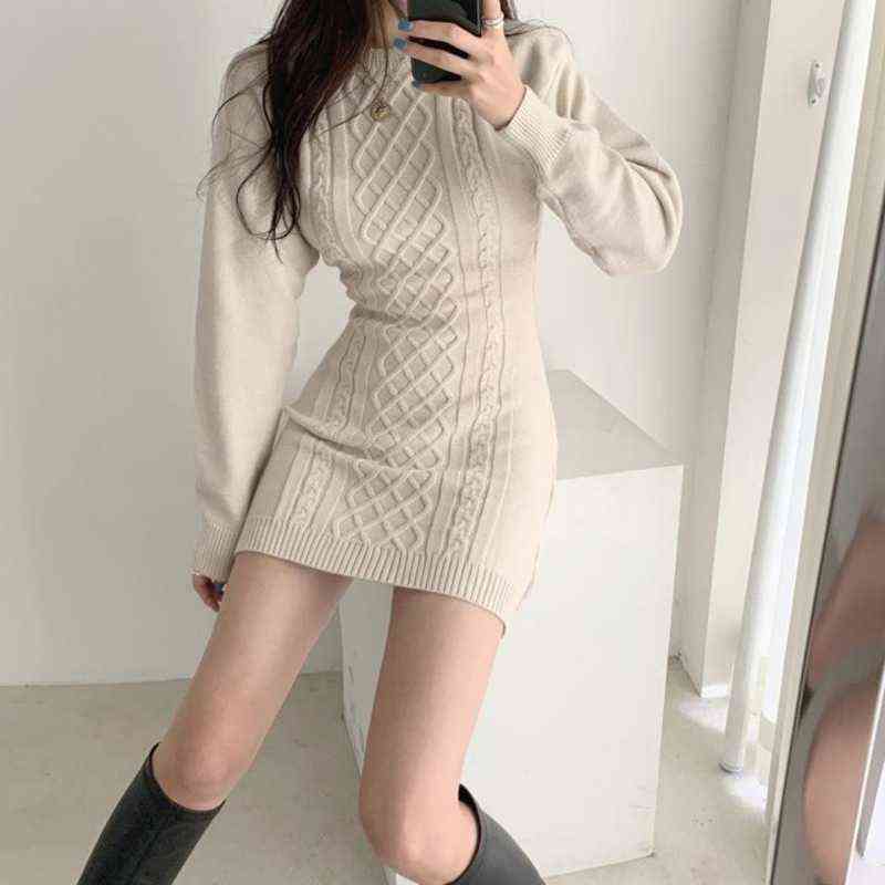 Autumn Sexy Slim Open Waist Pullover O Neck Twist Knitted Dres Mini Wild Long Sleeve Sweaters Vestido De Mujer Casual 211221