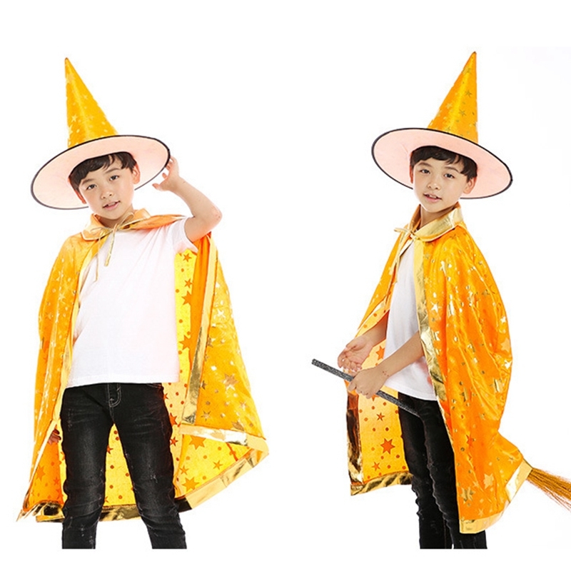 2pcs/set Halloween Cape Cloak Hood+Witch Hats Children Performer Magician Wizard Hot Stamping Five Star Cloak Cape Poncho Hat Set