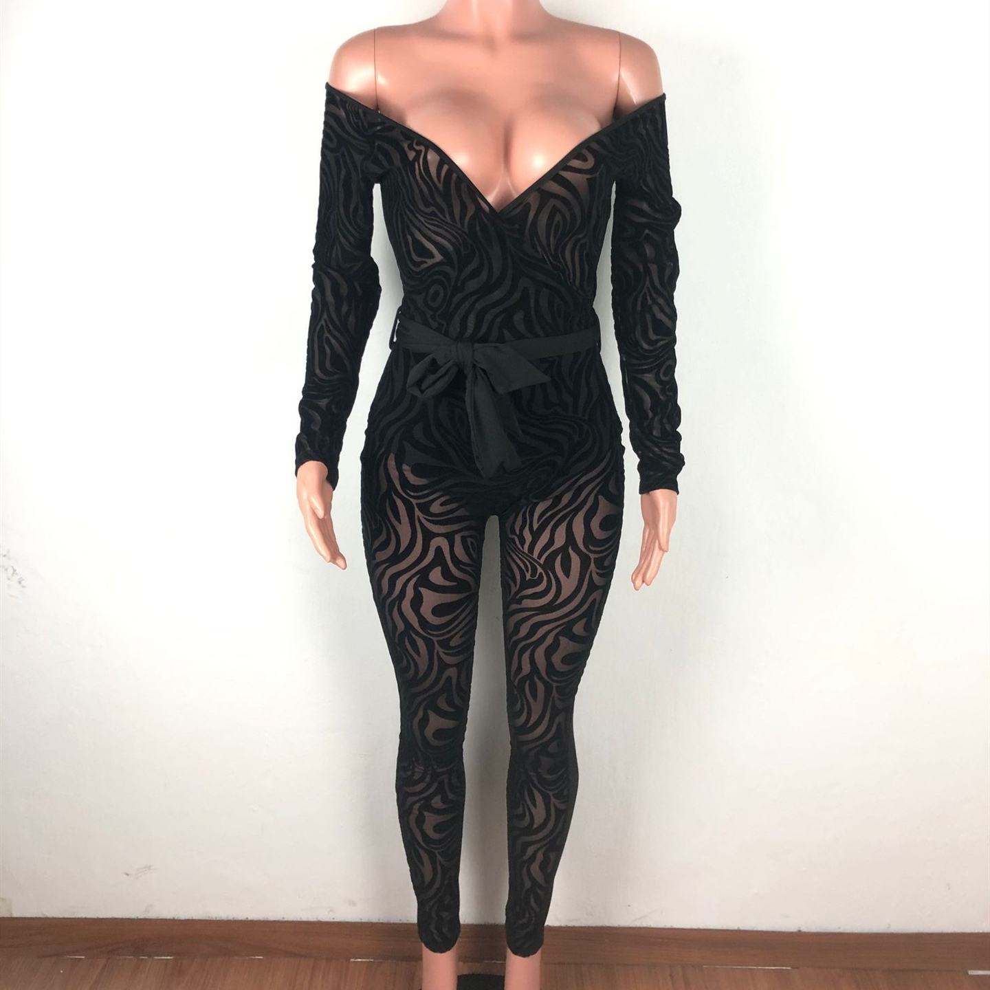 ANJAMANOR Zebra Mesh Sheer Black Jumpsuit Women Sexy Clubwear Transparent Off Shoulder Long Sleeve Bodycon Romper D30-AE76 T200509
