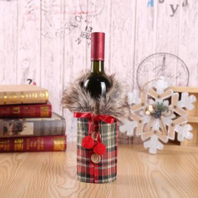 DHL Fast Delivery New Wine Cover with Bow Plaid Linen Bottle Clothes with Fluff Creative Wine Bottle Cover Fashion Christmas Decoration