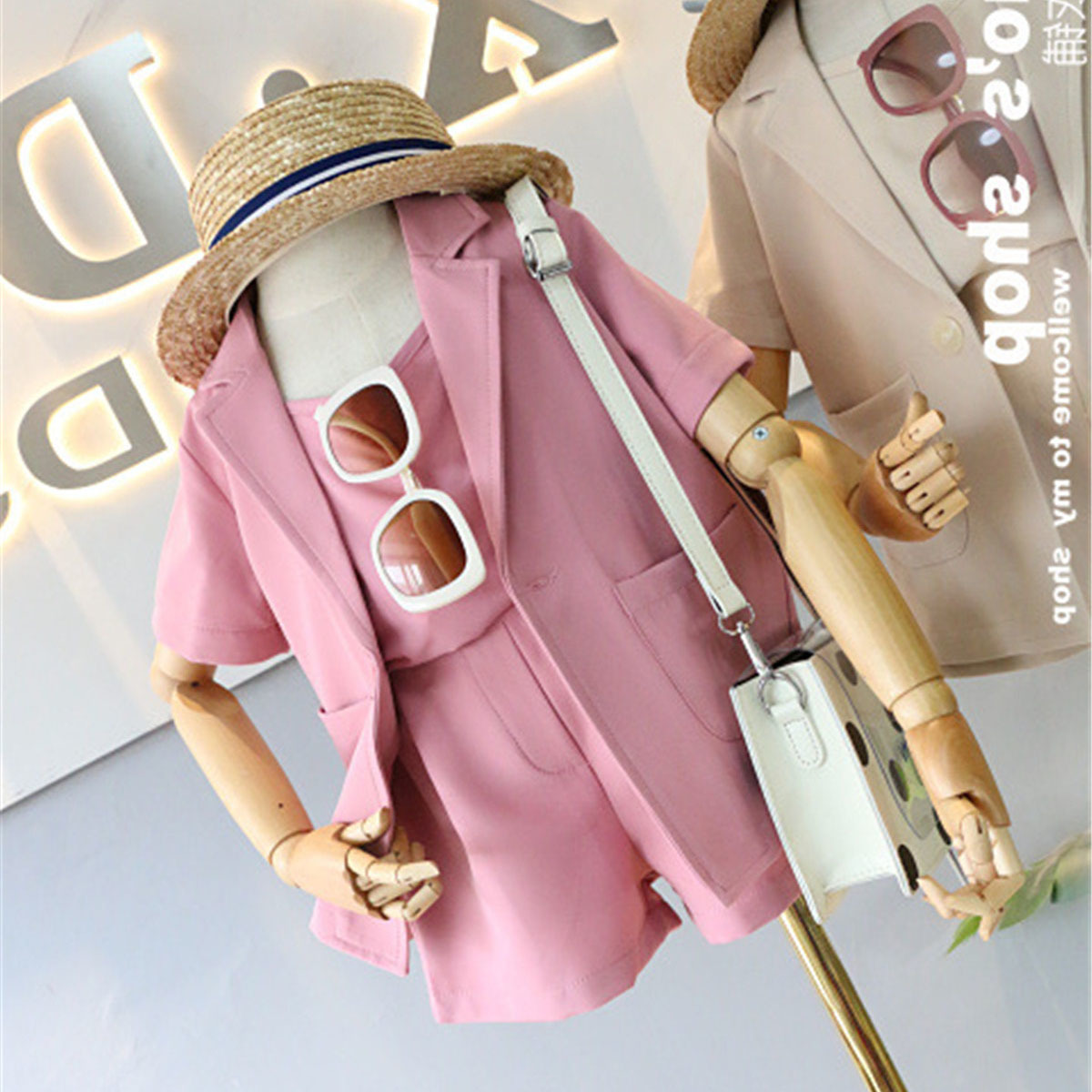 2-7T Fashion Baby Girls 3pcs suit Infant kids Clothes Sets Solid Vest Tops Short Sleeve Blazer Coat Shorts summer OutfitsX1019