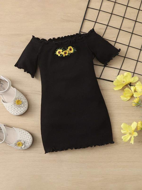 Baby Floral Embroidery Lettuce Trim Off Shoulder Dress SHE