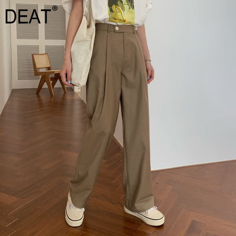 DEAT high waist full length pants wide legs kahki color pocket BF Styles cacual trousers female 7A03204L 201228