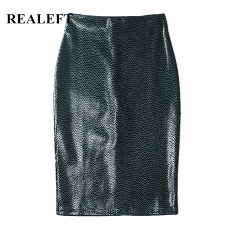 REALEFT New Arrival Autumn Winter Elegant Pencil Midi Skirts High Waist Snake Print PU Leather Sheath Wrap Sexy Skirts Lady T200113