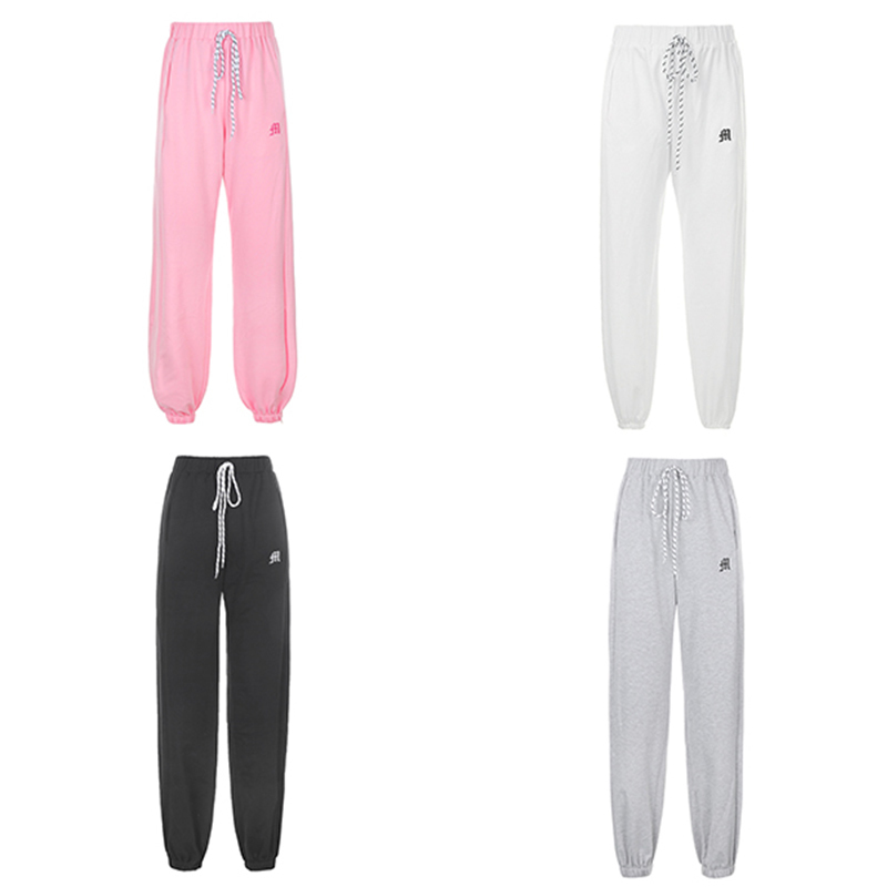 Streetwear Drawstring Embroidery Side Zipper White Sweatpants Joggers Women Harajuku Wide Trousers Hip Hop y2k Pants Capris 201112