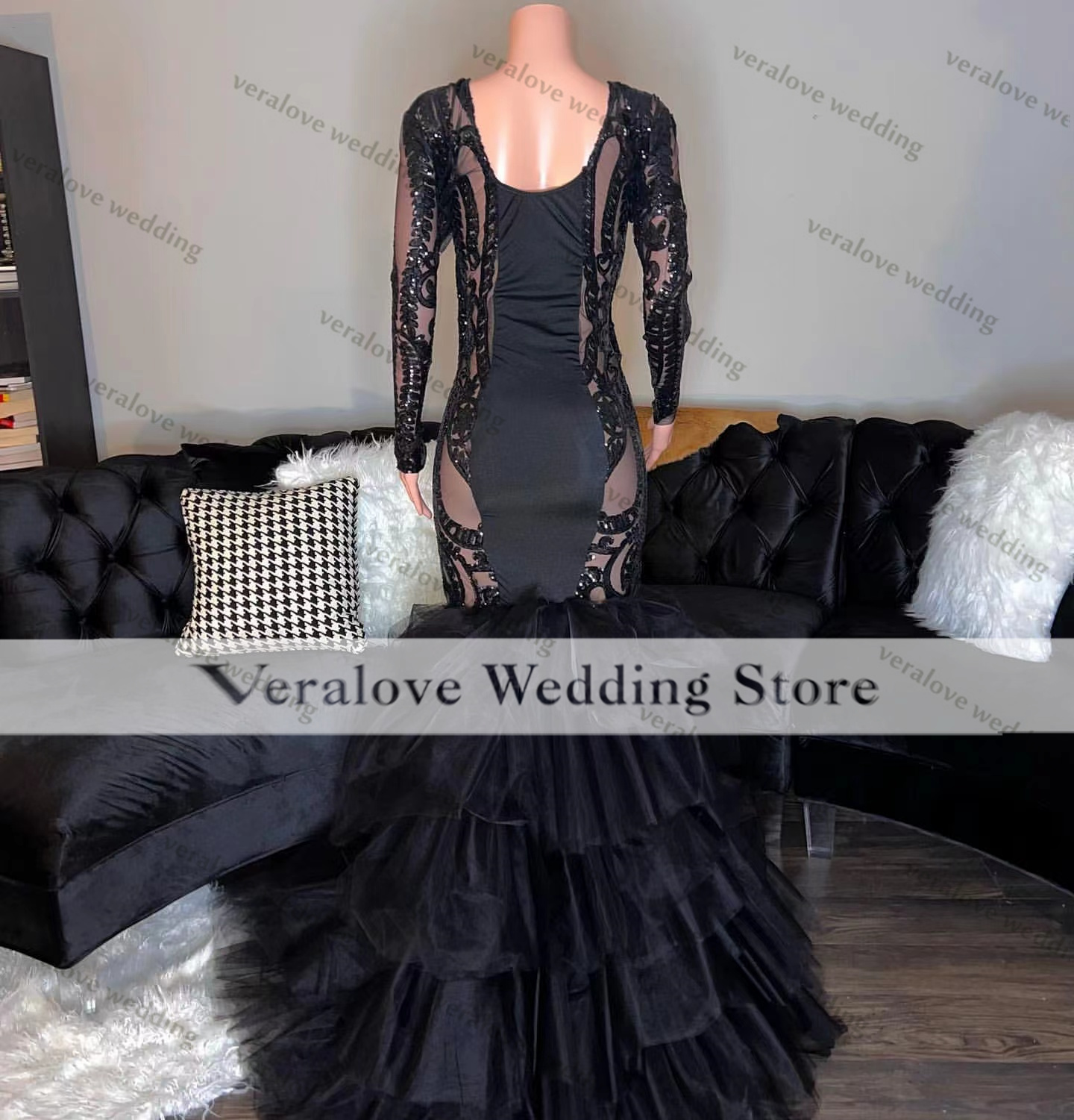 Women Black Dress Sexy Sequins Mermaid Prom Dresses Long Sleeves V Neck African Occasion Evening Party Gowns Vestidos