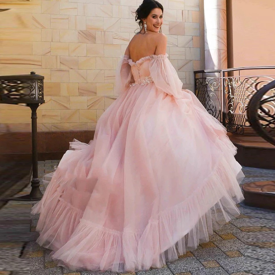 Sweety Pink Puffy Sleeve A Line Prom Dresses 2024 Sweetheart Appliques Pleat Ruched Floor Length Elegant Formal Party Evening Gowns Off Shoulder Engag