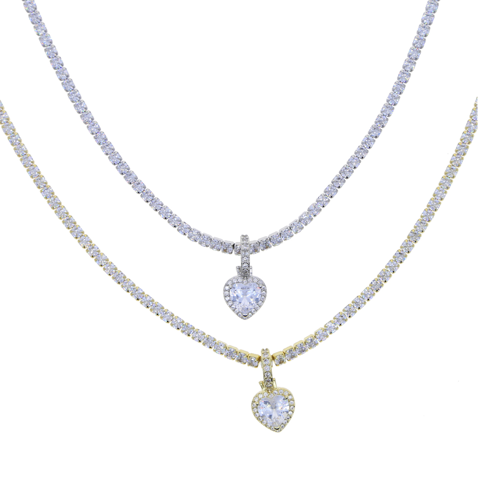 2021 valentines day gift jewelry 5a cubic zirconia 3mm cz tennis chain halo heart pendant ice necklace for girlfriend