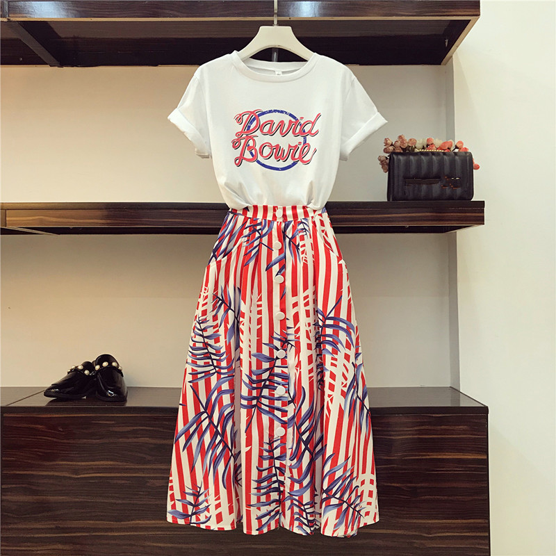 High Quality Runway Style Women Two Piece Sets Letter Print Short Tshirt Tops and Singlebreasted Striped Print Mid Skirt Sets