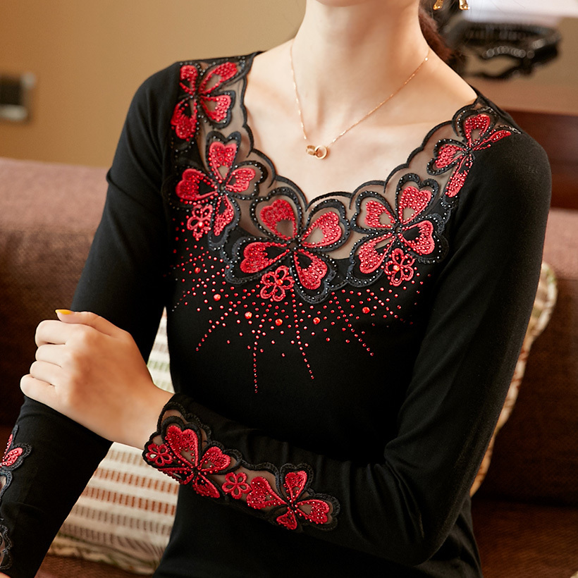 blusas mujer de moda 2019 Autumn long sleeve Embroidered Mesh tops Fashion casual Diamond blouse shirt plus size T200321