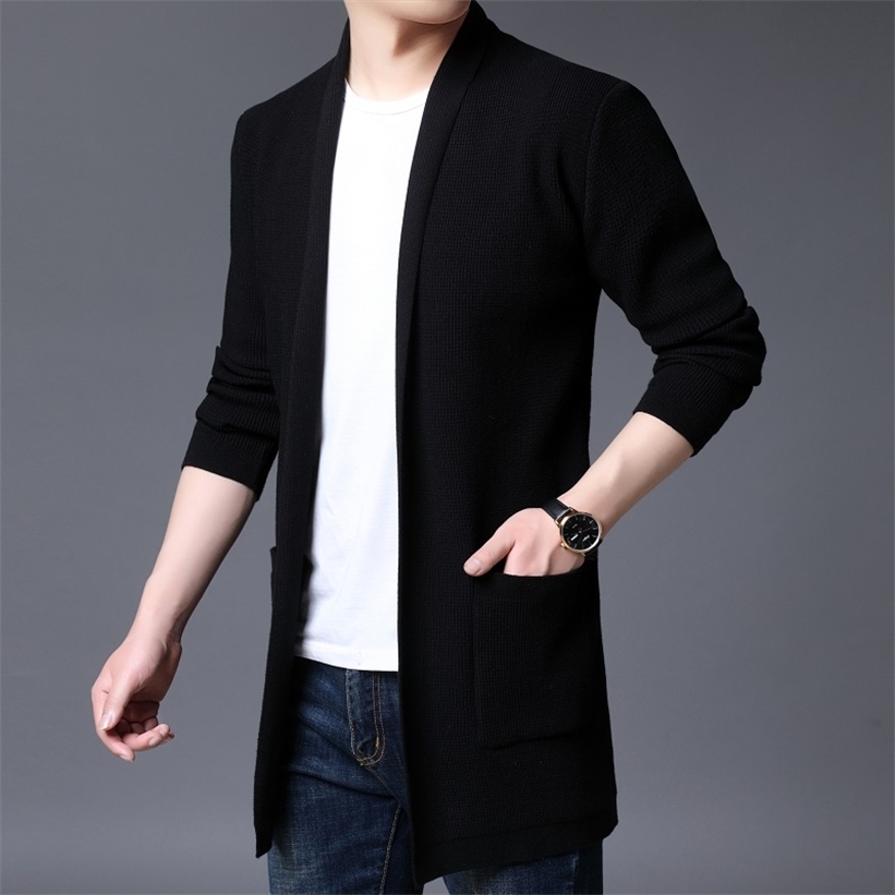 Autumn Winter New Cardigan Fashion Slim Fit Knitted Sweater Big Pocket Decor V Neck Men Casual Long Sweaters 5Color 201221