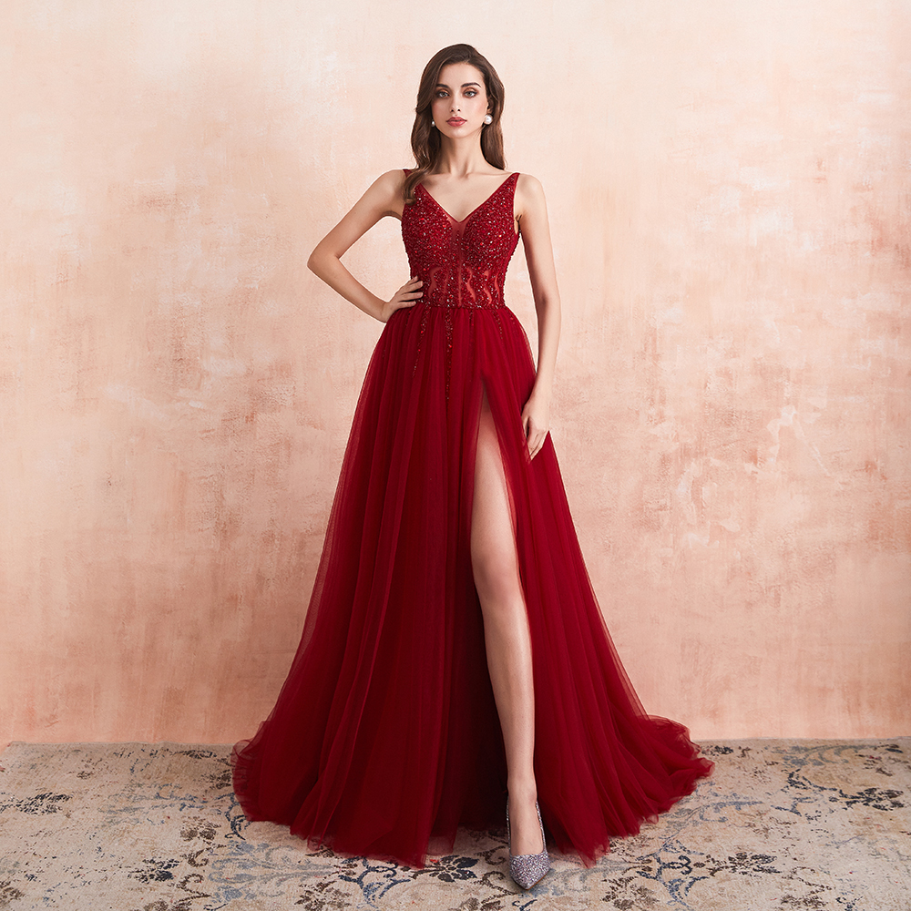 Beading Prom Dresses 2020 Long Sexy V-Neck High Split Tulle Sweep Train Sleeveless Evening Gown A-Line Backless Vestido De, Light gray
Beading Prom Dresses 2020 Long Sexy V-Neck High Split Tulle Sweep Train Sleeveless Evening Gown A-Line Backless Vestido De, Light gray